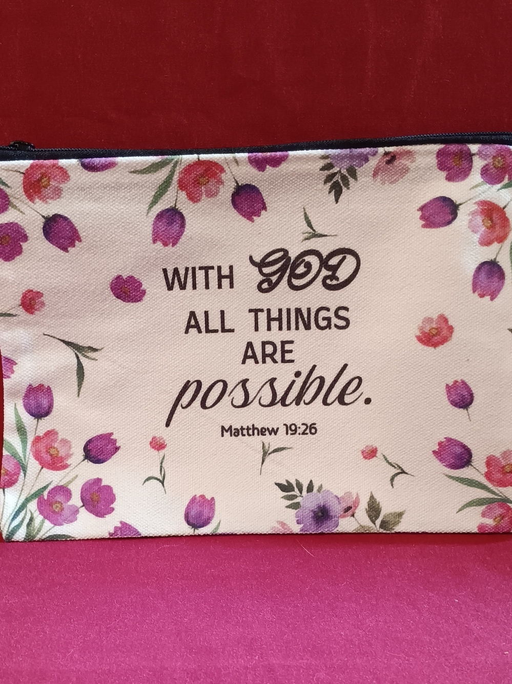 Inspirational Floral Canvas Makeup Pouch - Cream with Pink & Purple Flowers